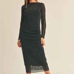 Black Shimmer Mesh Long Sleeve Ruched Maternity Midi Dress